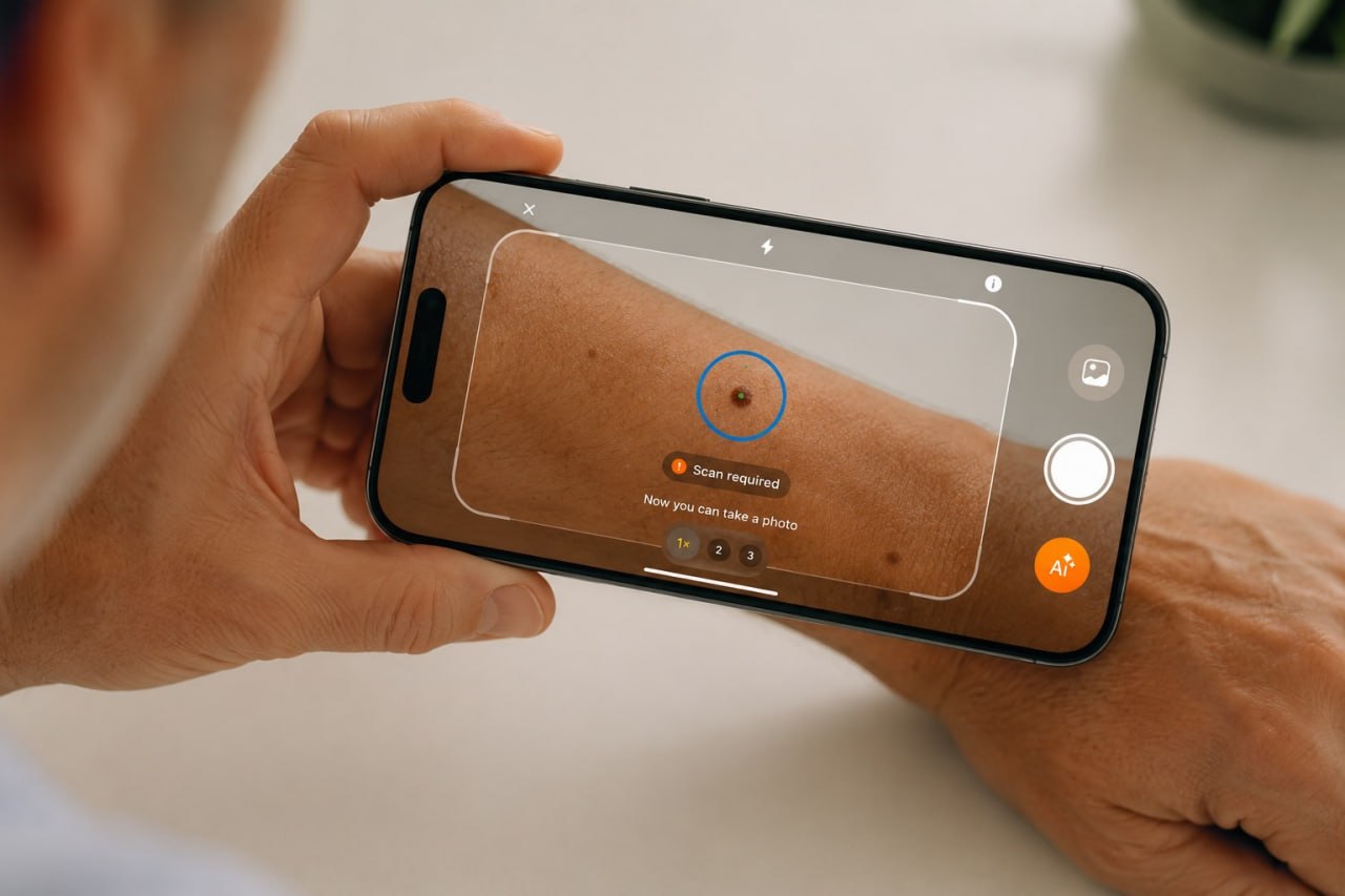 A user photographs a patch of skin with the Skinive scanner.